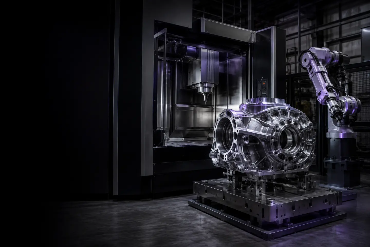 Precision manufacturing cell with CNC equipment, robotic automation and a machined metal component