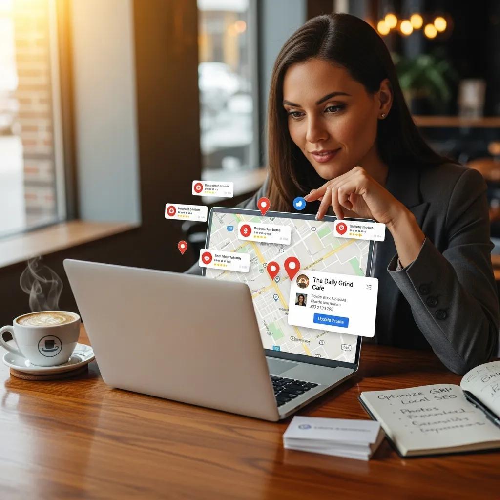 Business owner optimizing Google Business Profile on a laptop with a digital map interface