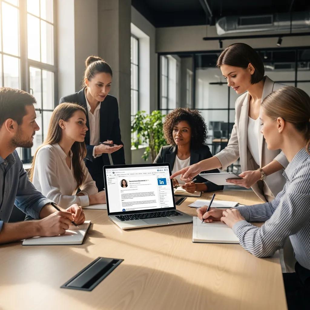 Business professionals collaborating on LinkedIn marketing strategy in a modern office