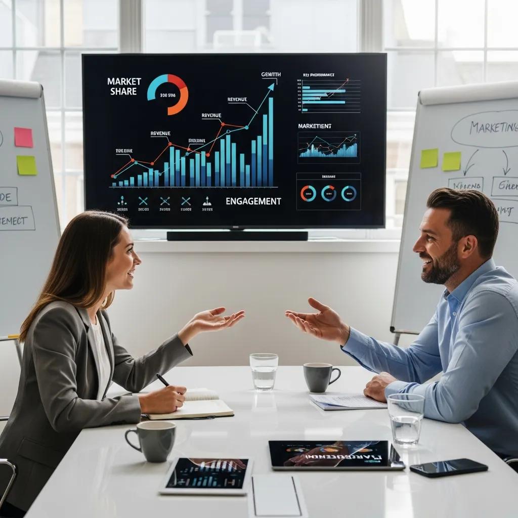 Client sharing a success story with a marketing consultant in a collaborative meeting