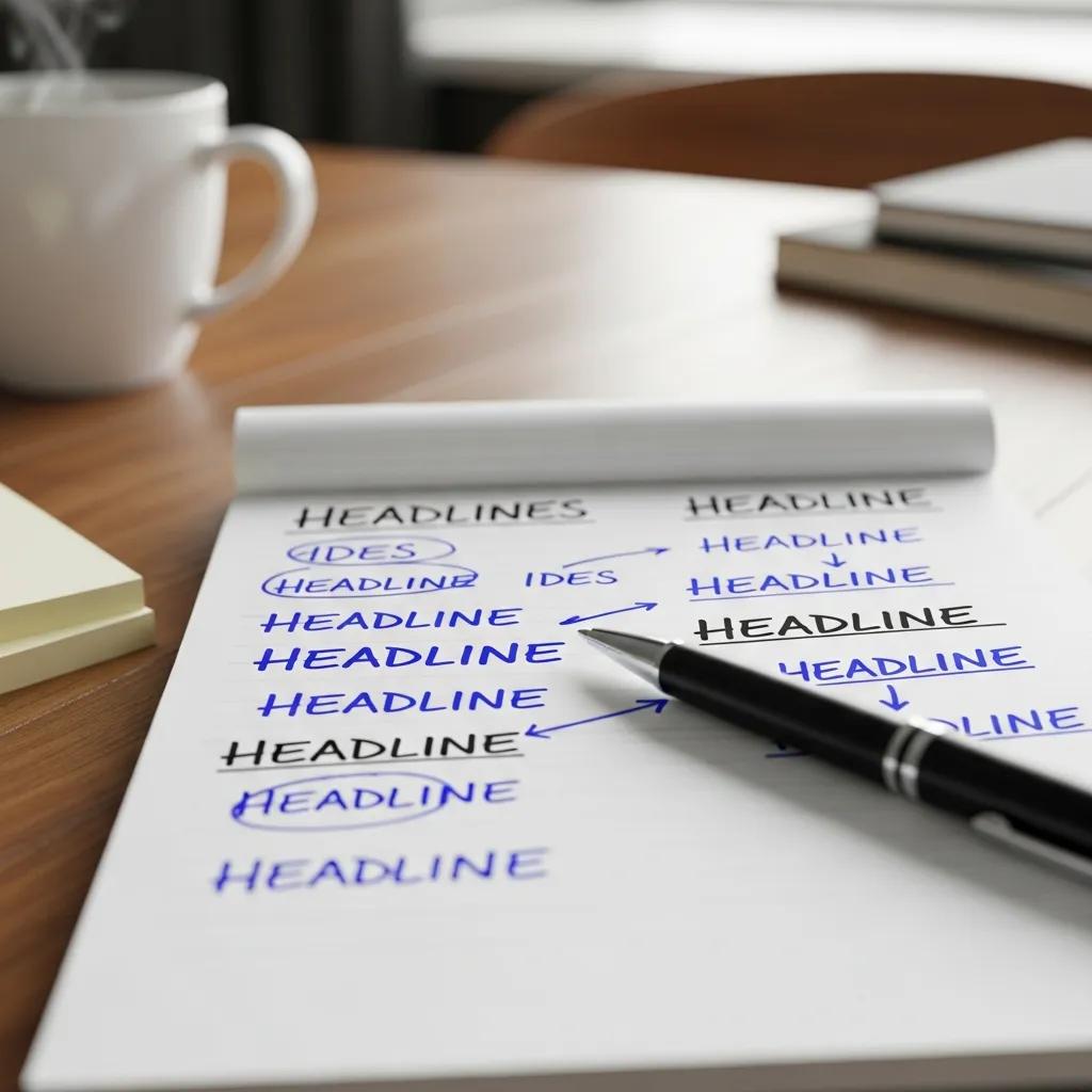Notepad with headline ideas and a pen, emphasizing headline creativity