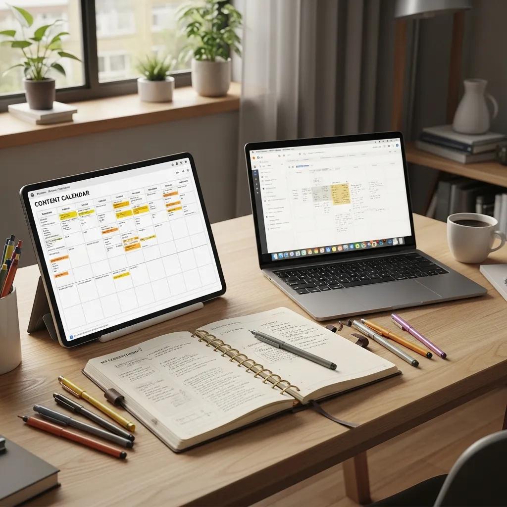Photo: planner and colorful pens showing a content calendar setup