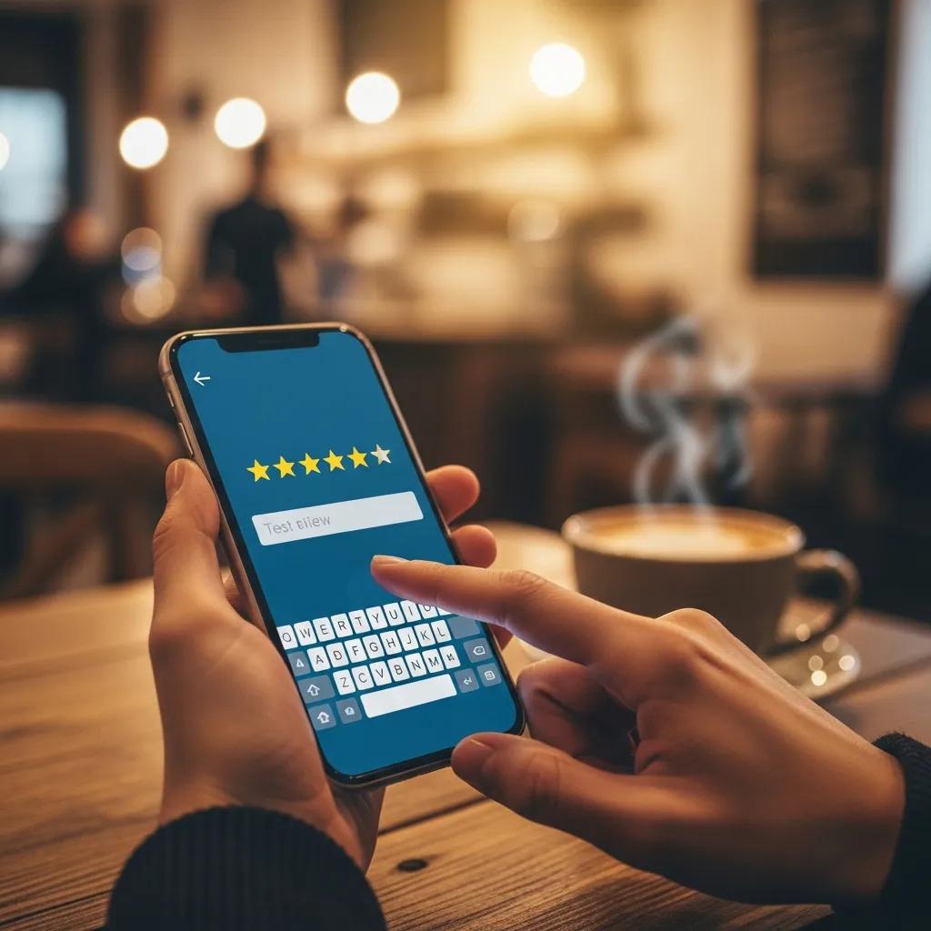 Customer leaving a review on a mobile device inside a cafe