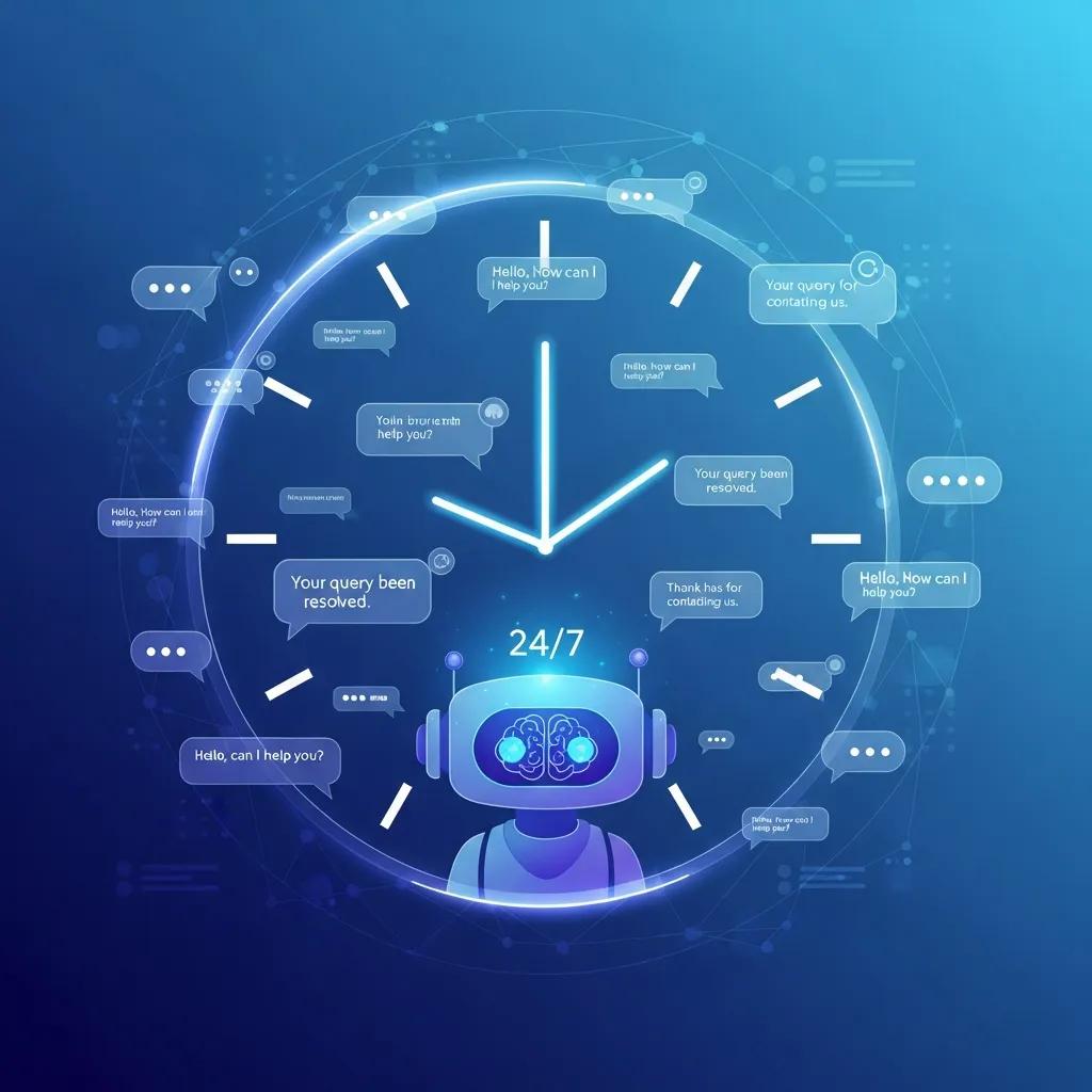 Graphic showing an AI chatbot delivering 24/7 support with chat bubbles and a clock