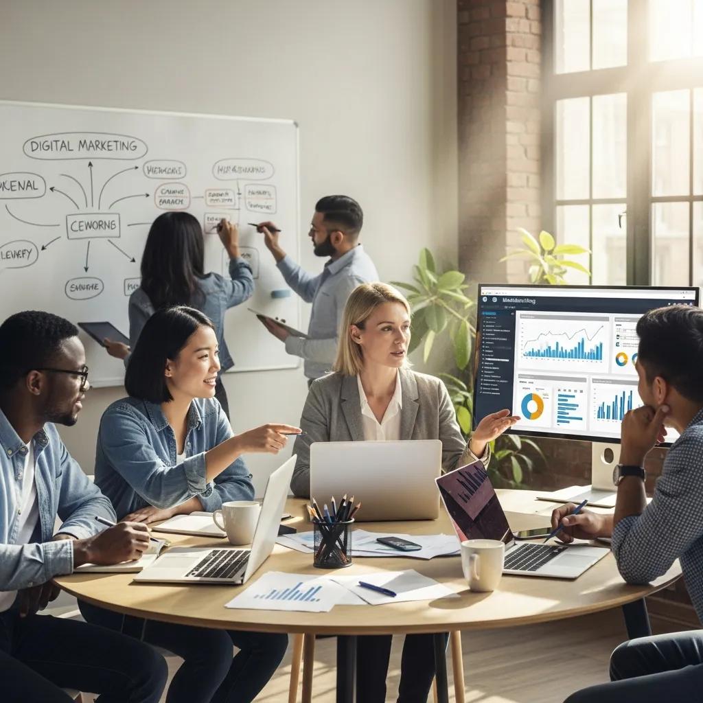 Diverse professionals collaborating on digital marketing strategies in a modern office