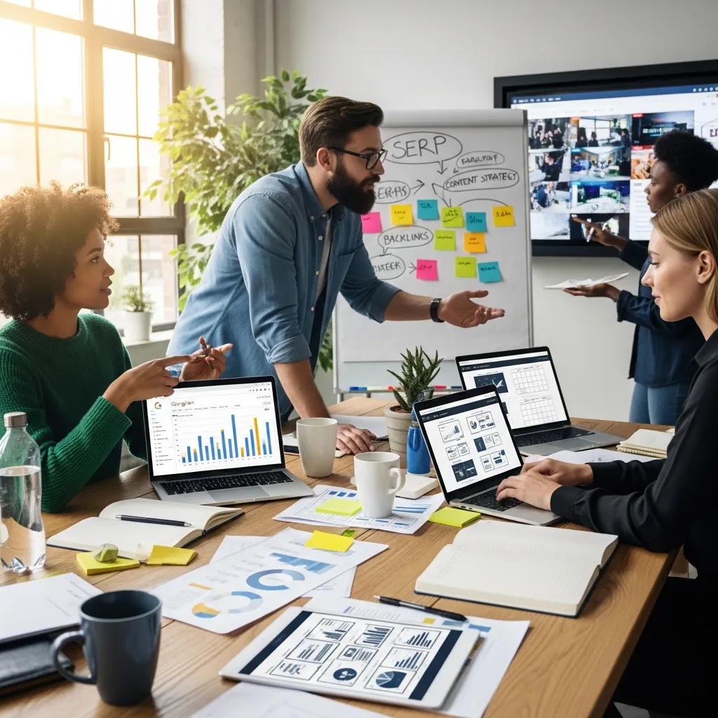 Startup founders collaborating on an SEO plan in a modern office