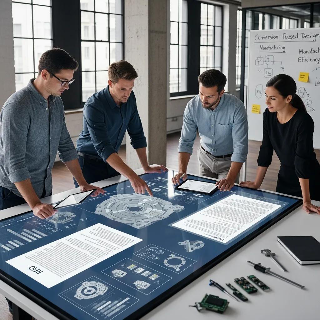 Engineers collaborating over digital devices to review RFQ forms and technical specifications