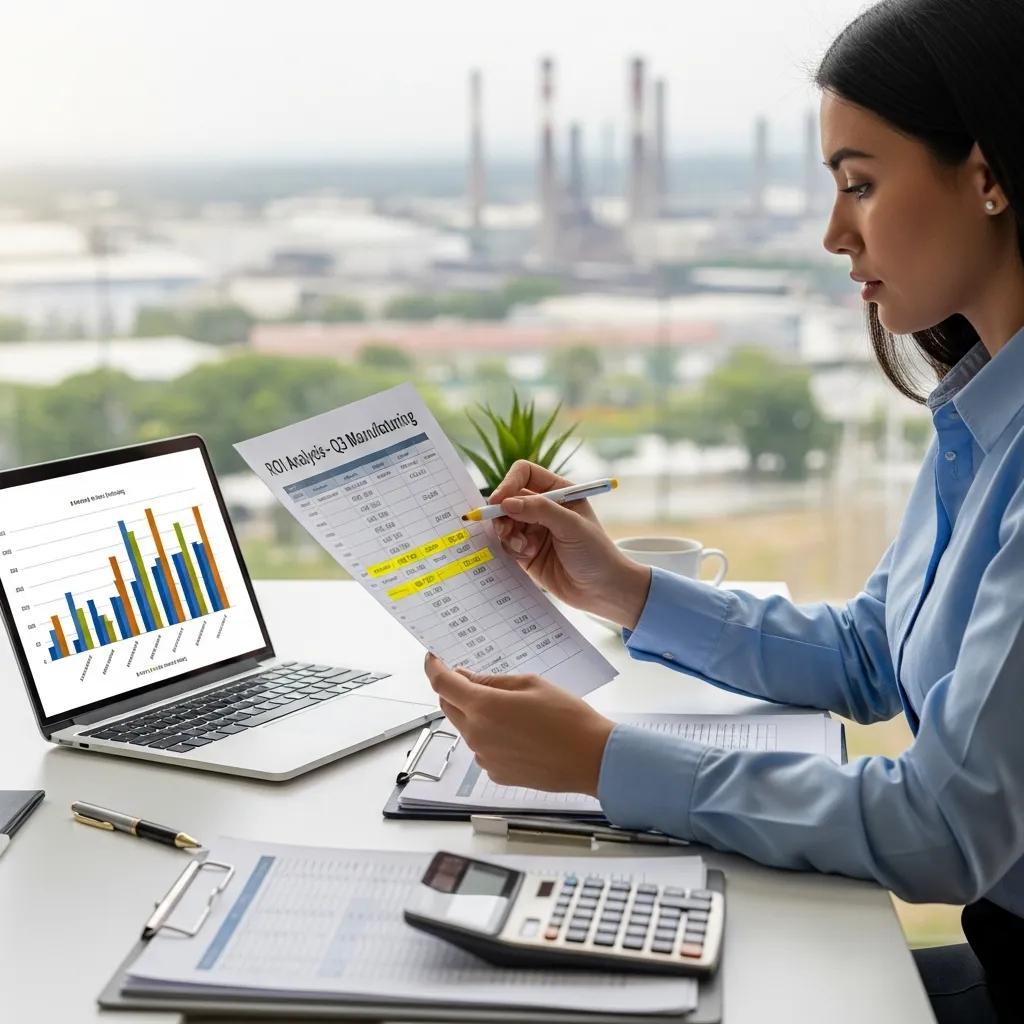 Analyst reviewing ROI and financial performance metrics for a manufacturing campaign