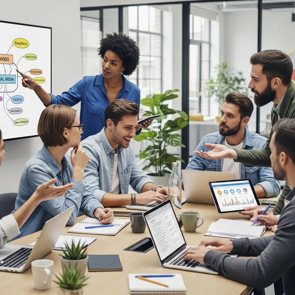 Group of small business professionals collaborating on content strategies