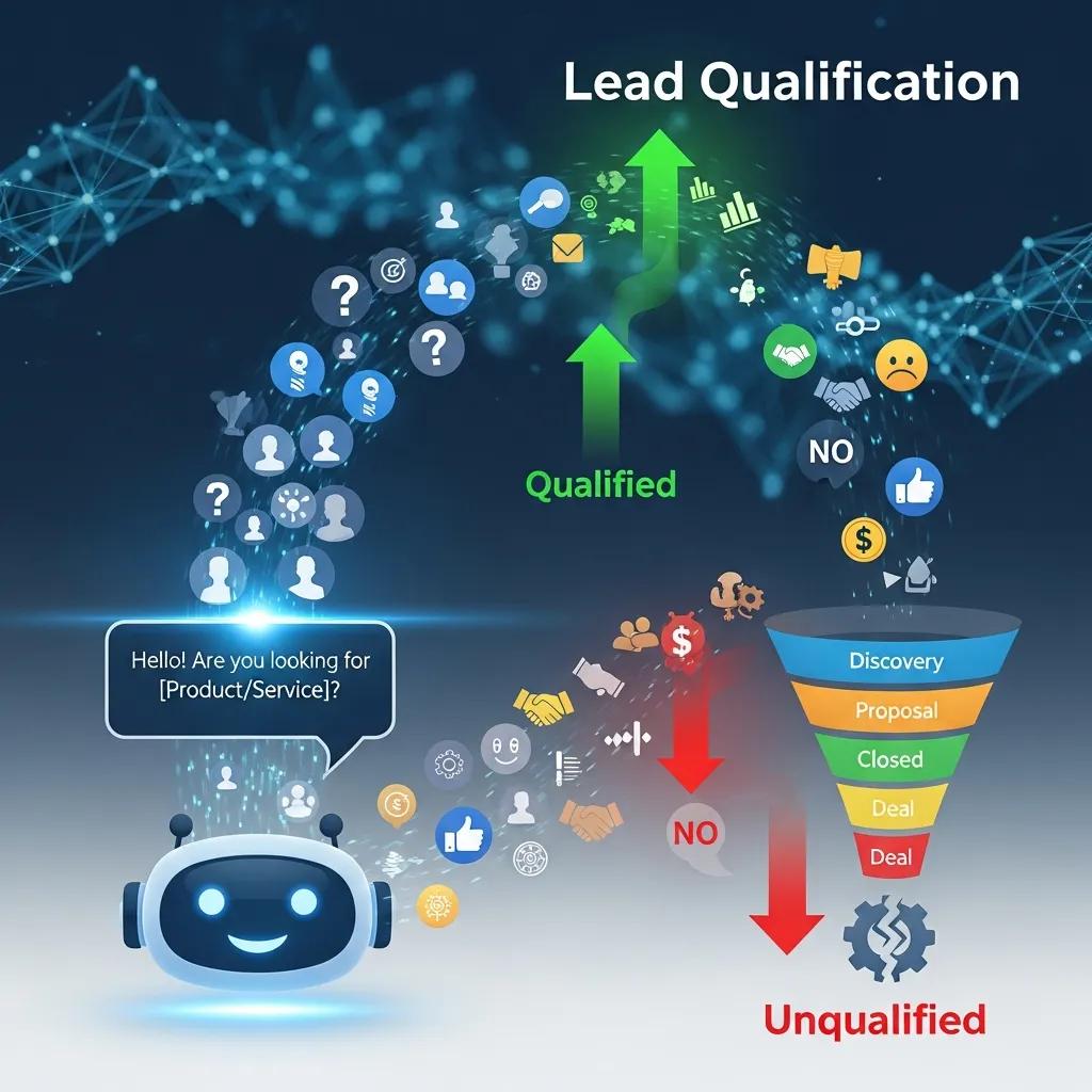 Illustration of an AI chatbot processing leads, directing icons into a sales funnel