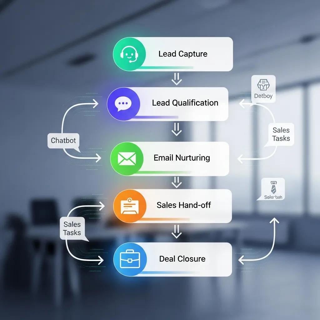Flowchart showing automated sales and marketing workflows inside a CRM