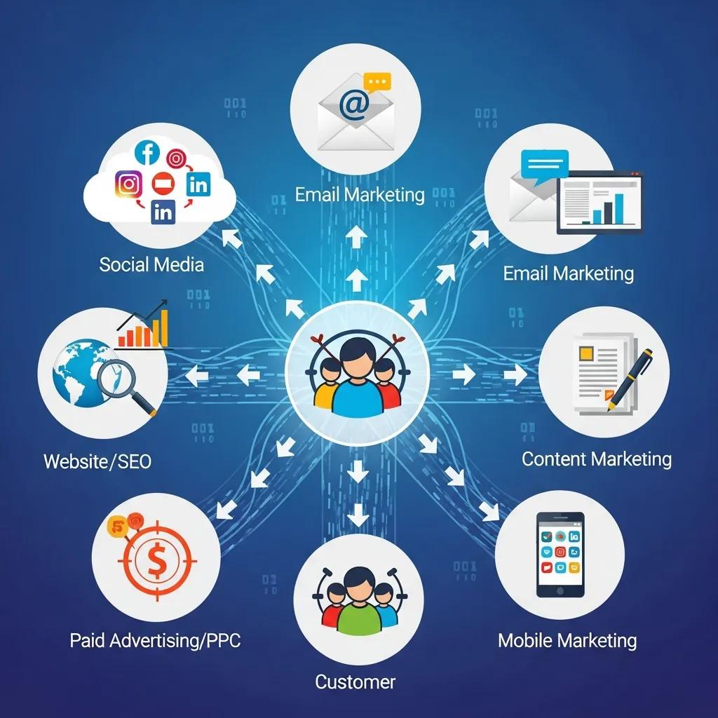 Illustration of interconnected digital channels for audience reach