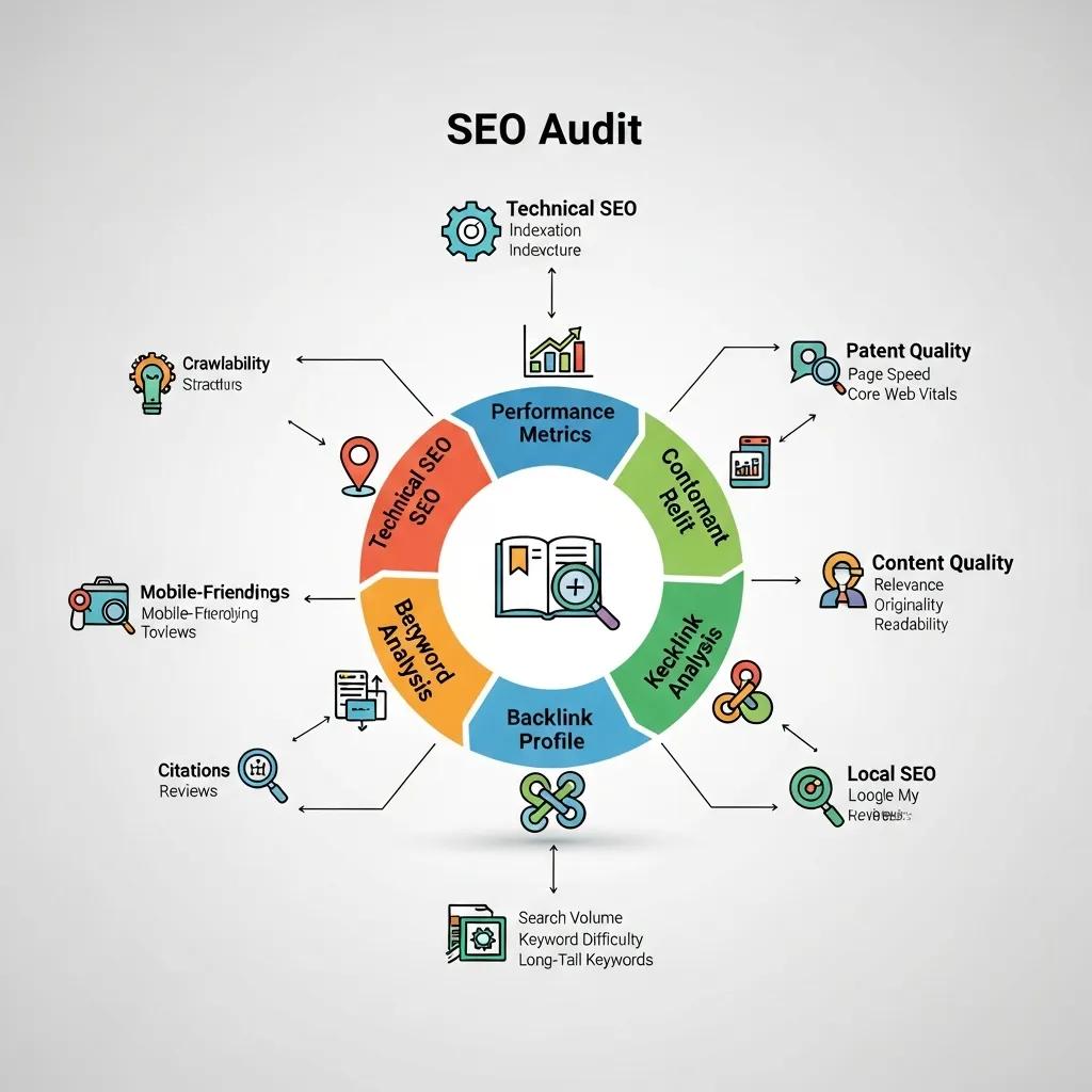 Diagram illustrating technical SEO, performance metrics, and content quality as audit components