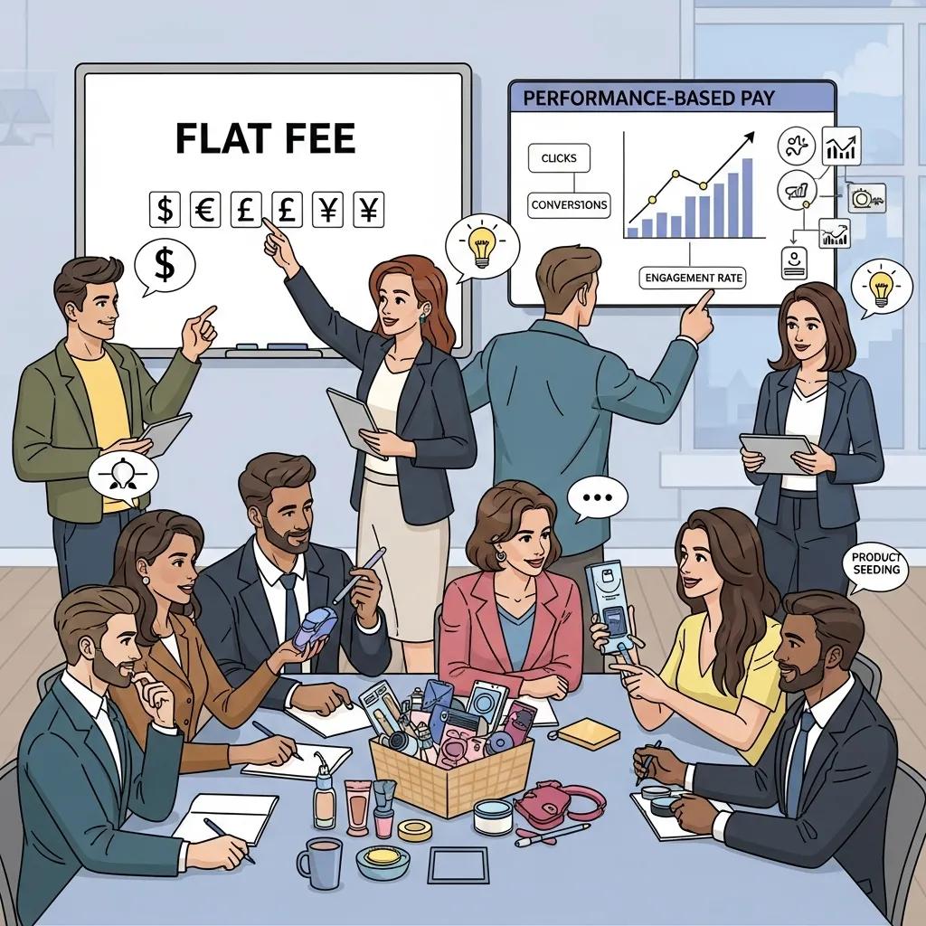 Creators and brands negotiating common pricing models — flat fees, performance pay, affiliate partnerships