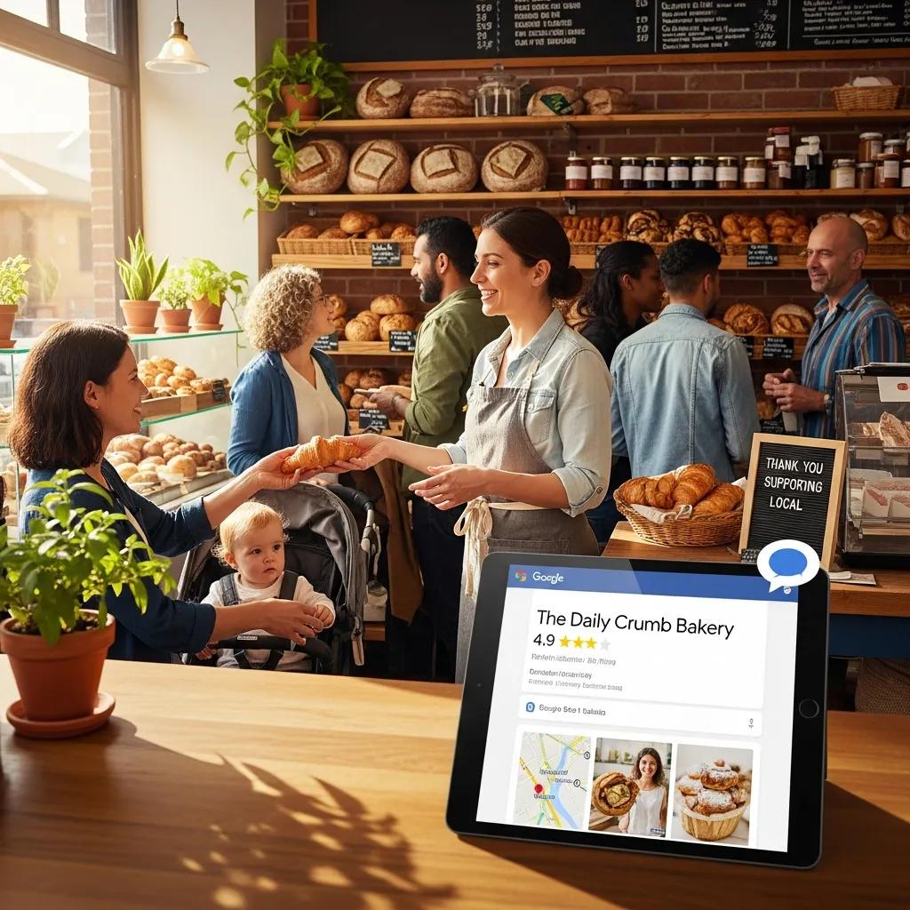Owner updating Google Business Profile and engaging with local customers