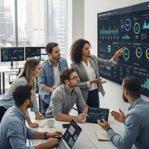 Manufacturing marketing team collaborating over analytics and metrics in a modern office
