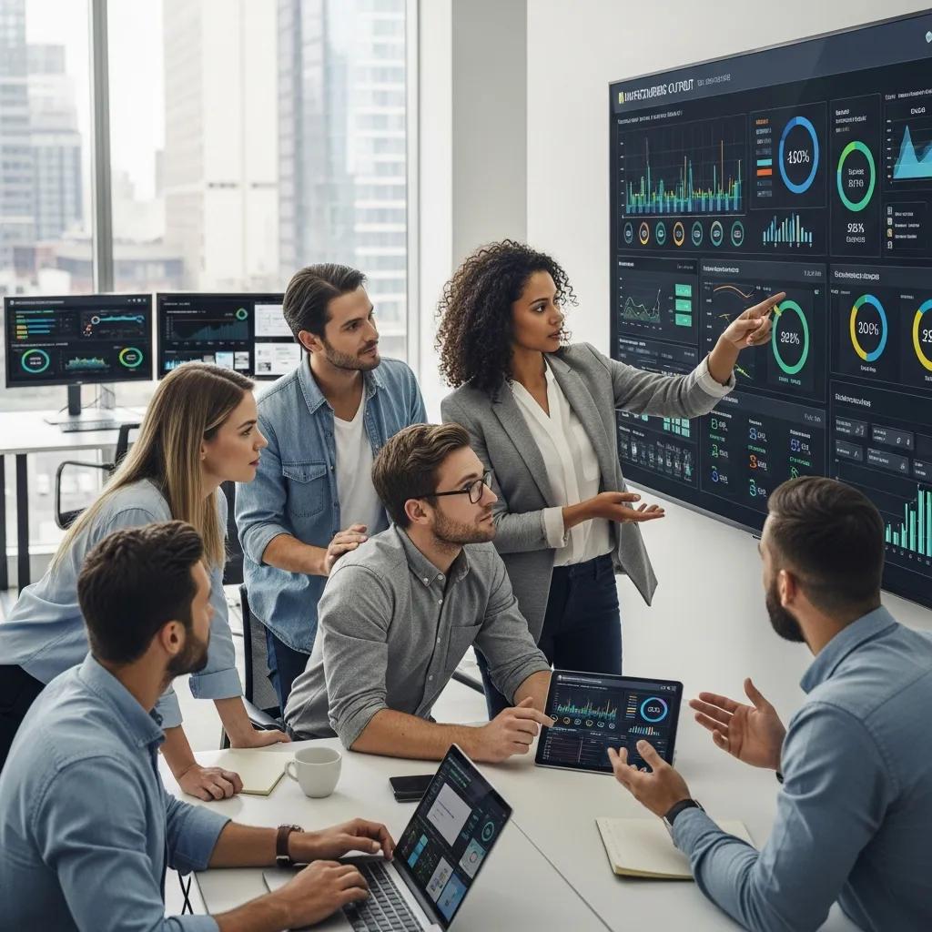Manufacturing marketing team collaborating over analytics and metrics in a modern office