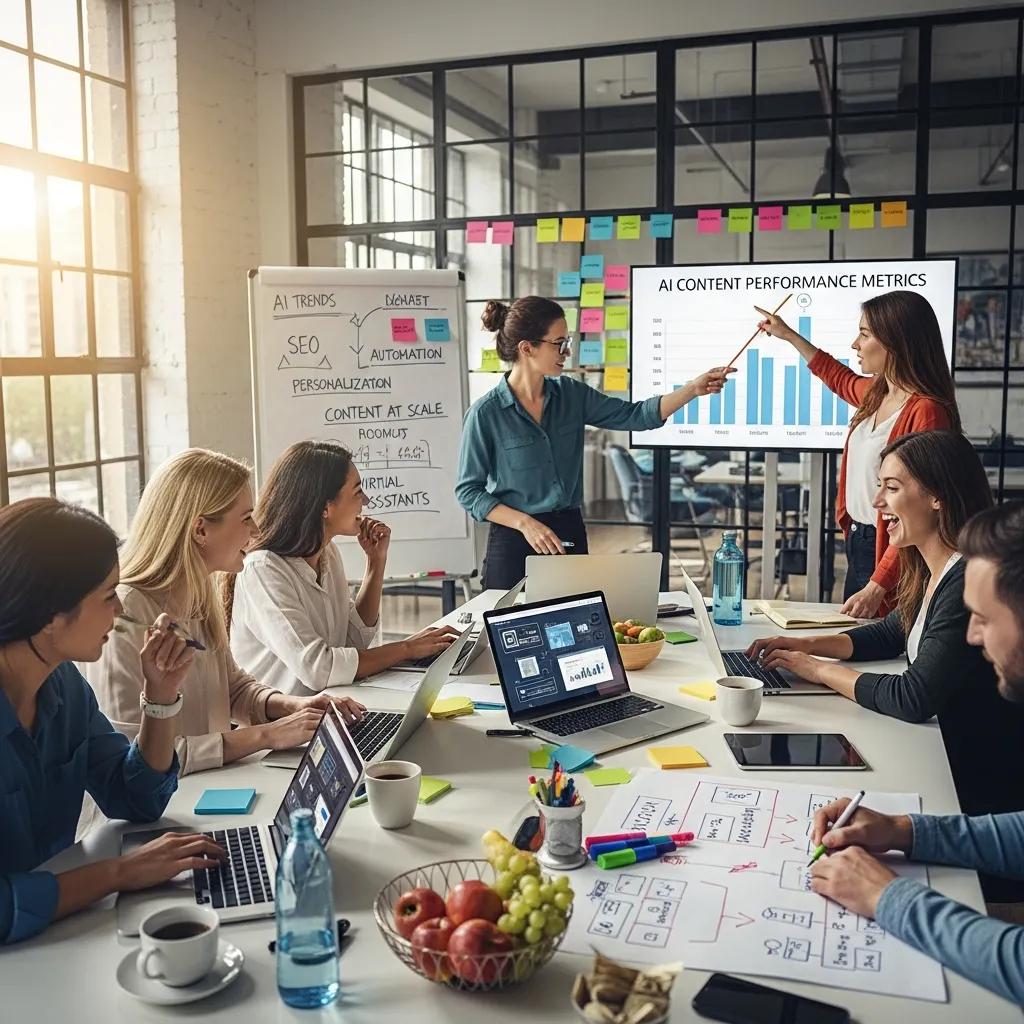 Marketers collaborating on AI content generation strategies with laptops and brainstorming materials