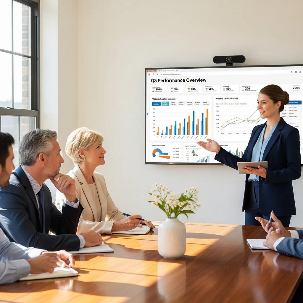 Consultant presenting marketing performance to clients