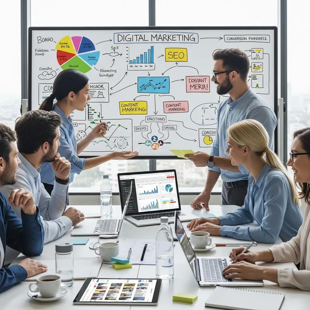 Marketing team collaborating on ROI-focused plans in an office