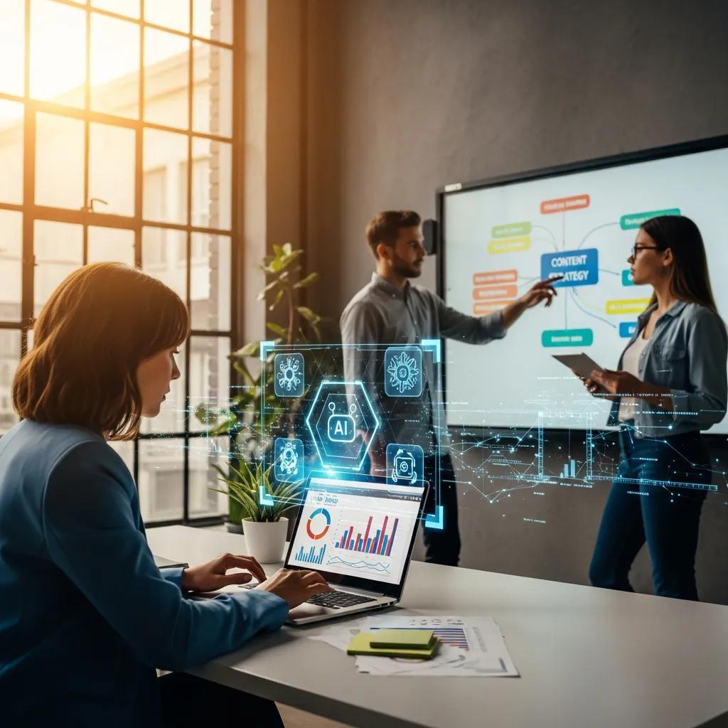 Marketing team using AI tools to automate content workflows in a collaborative setting