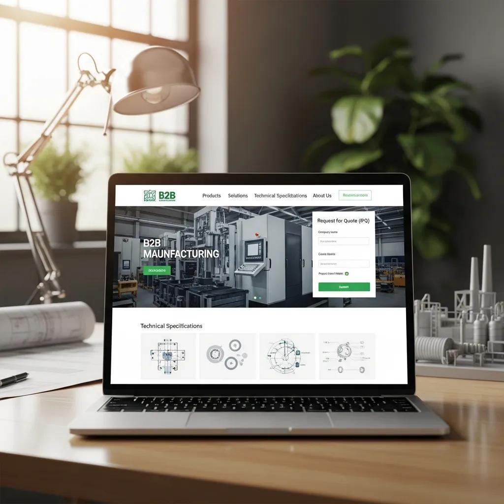 Modern B2B manufacturing website design displayed on a laptop in a professional workspace