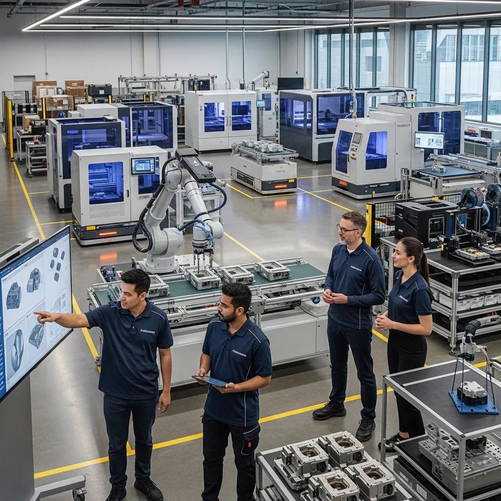 Modern manufacturing facility with advanced technology and collaborative workers, highlighting innovation in marketing strategies