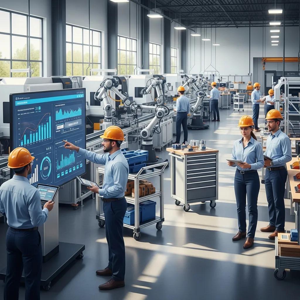 Modern manufacturing facility with engineers collaborating on technical projects