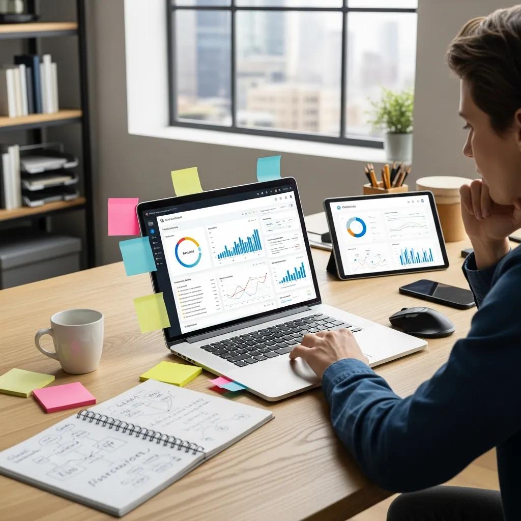 Modern workspace with a laptop showcasing AI search tools and a person analyzing data