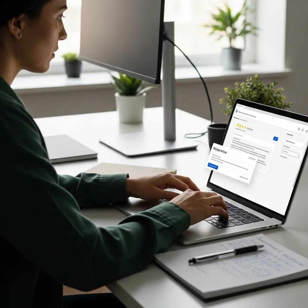 Person reviewing and responding to online feedback on a laptop — practical reputation management for local businesses