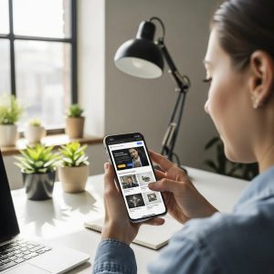Person using a smartphone in a modern workspace, illustrating mobile SEO best practices