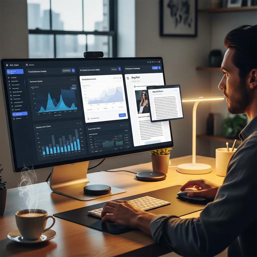 Person using AI tools in a modern workspace to repurpose content