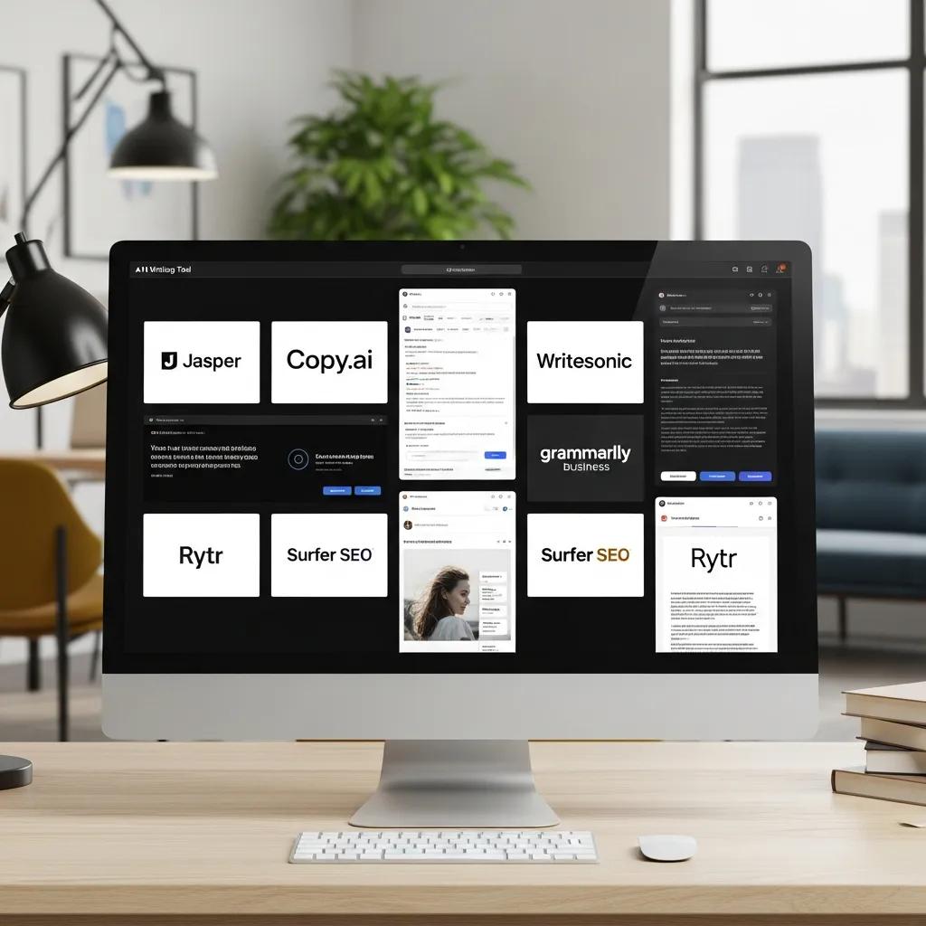 Computer screen comparing popular AI writing tools for marketing use