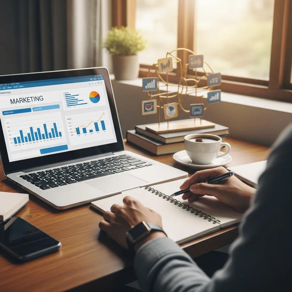 Small business owner analyzing digital marketing strategies in a cozy workspace