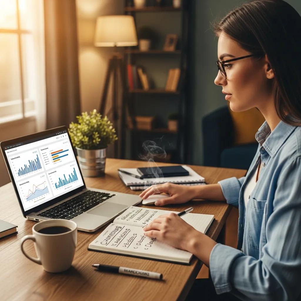 Small business owner analyzing digital marketing strategies with a laptop and notepad