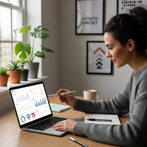 Small business owner analyzing social media advertising metrics in a modern office