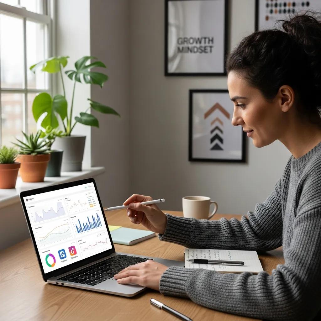 Small business owner analyzing social media advertising metrics in a modern office