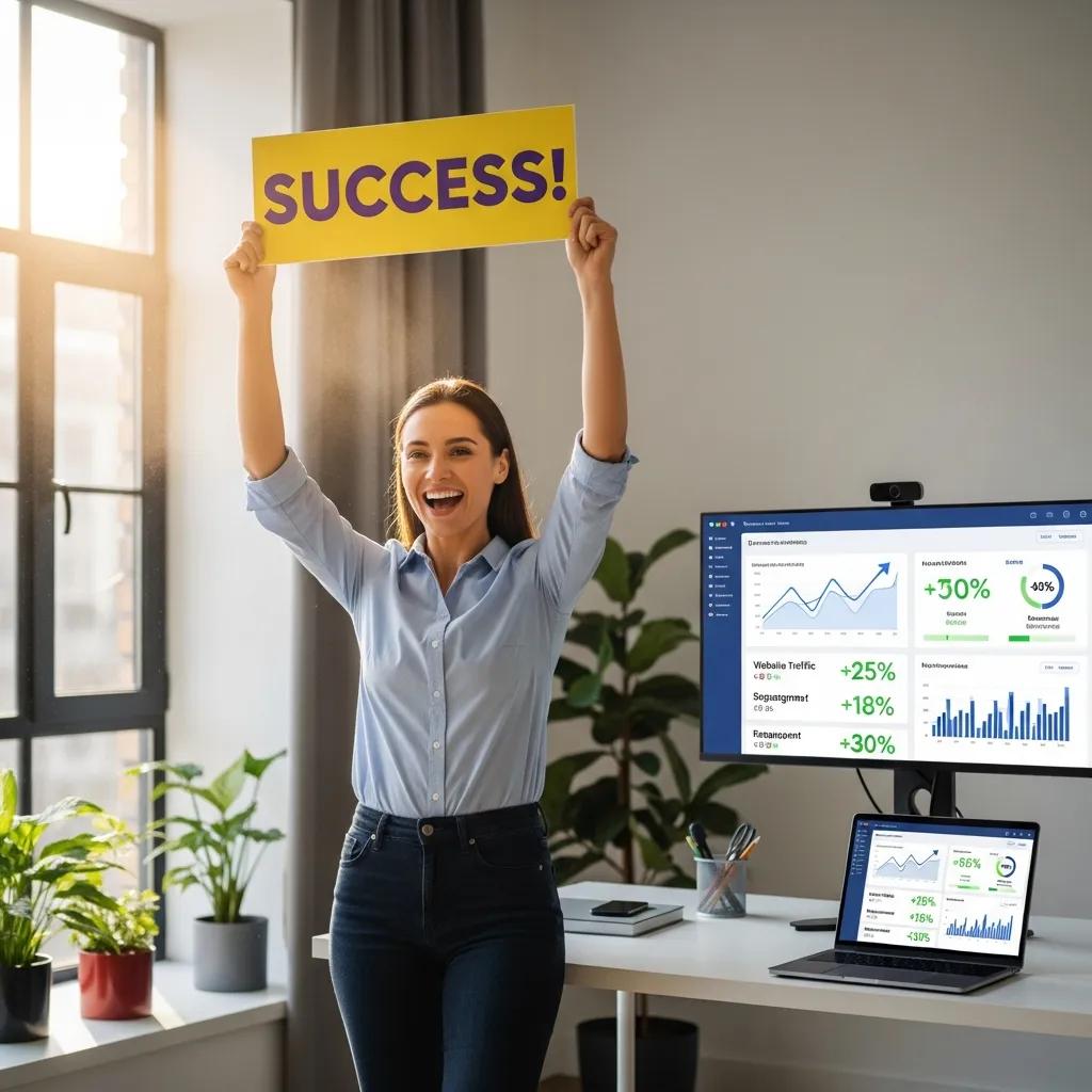 Small-business owner celebrating improved marketing results