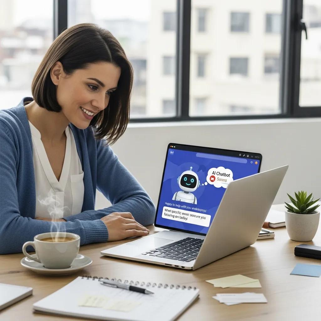 Small business owner engaging with an AI chatbot on a laptop in a modern workspace