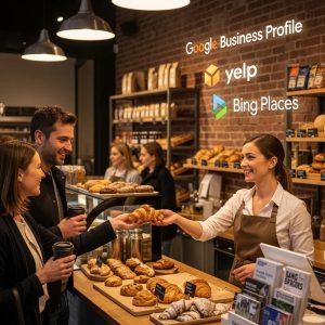 Small business owner connecting with customers — illustration for local directories and community discovery