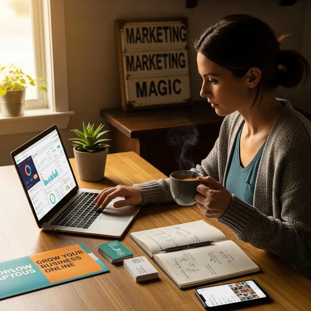 Small business owner reviewing digital marketing strategies with a laptop and marketing materials