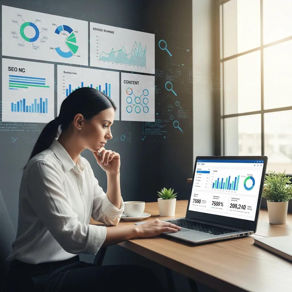 Small business owner reviewing website SEO audit metrics on a laptop