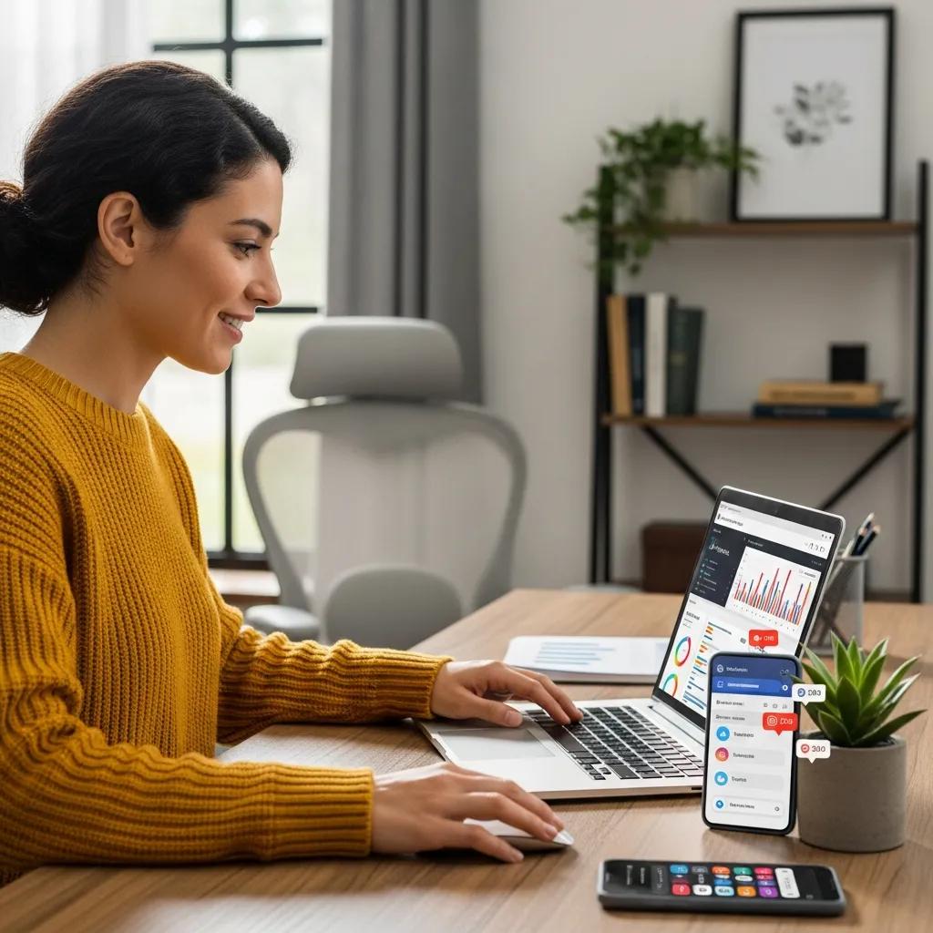 Small business owner using digital marketing tools in a modern office setting