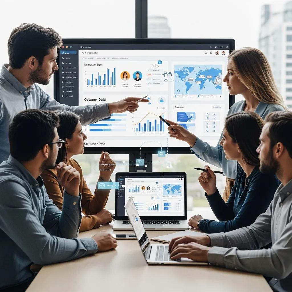 Small business team collaborating on CRM integration with digital interface