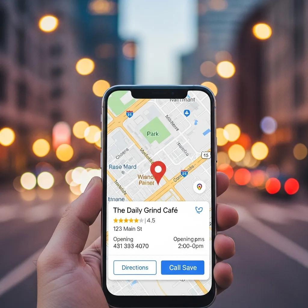 Smartphone displaying a local Google Maps listing against an urban backdrop