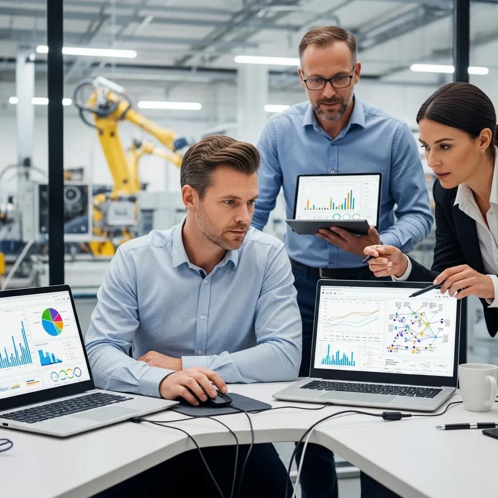 SEO team reviewing performance metrics in a manufacturing environment