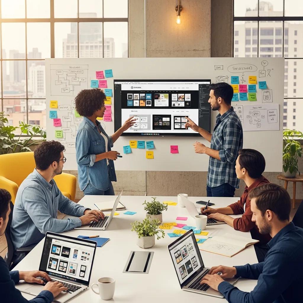 Team collaborating on a professional website redesign in a modern office setting