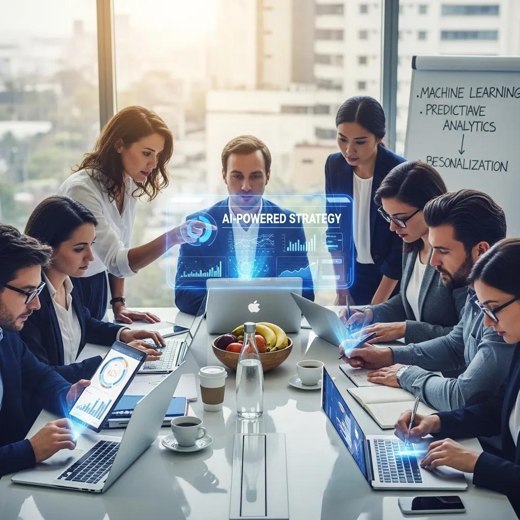 Team collaborating on AI-driven digital marketing strategies in a modern office