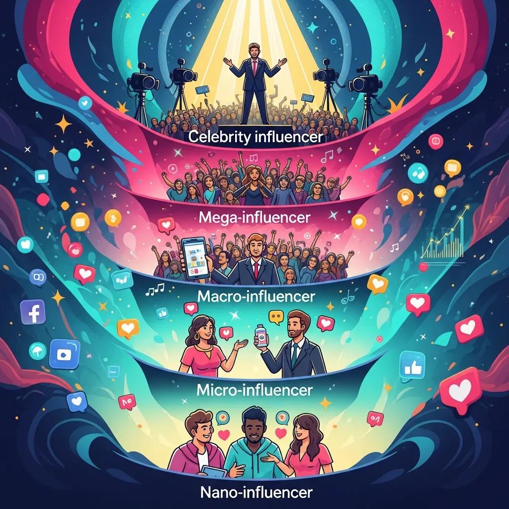 Diagram showing influencer tiers from nano to celebrity with engagement and audience notes