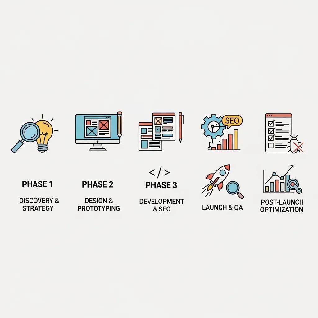 Diagram showing MarketMagnetix's phased website redesign process with stages and deliverables